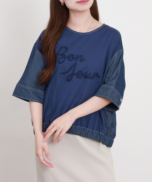 A.N.L(エーエヌエル レーベル)の「A.N.L デニム切替ロゴ半袖カットソー(Tシャツ/カットソー・レディース・ブラック/インディゴブルー・38)」の6枚目の写真