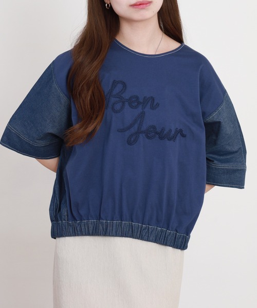 A.N.L(エーエヌエル レーベル)の「A.N.L デニム切替ロゴ半袖カットソー(Tシャツ/カットソー・レディース・ブラック/インディゴブルー・38)」の7枚目の写真