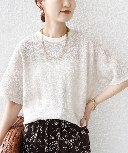 SHIPS（シップス）の「【WEB限定】〈手洗い可能〉ウェーブ クレープ ショート スリーブ カットソー（Tシャツ/カットソー・レディース・ナチュラル/ベージュ/ブラック・ONE SIZE）」の8枚目の写真