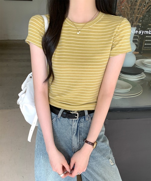 Girly Doll(ガーリードール)の「クルーネックボーダー半袖Tシャツ(Tシャツ/カットソー・レディース・ピンク/イエロー・FREE)」の14枚目の写真