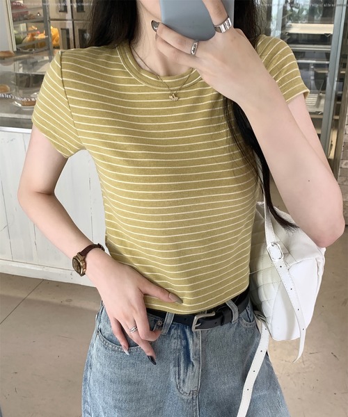 Girly Doll(ガーリードール)の「クルーネックボーダー半袖Tシャツ(Tシャツ/カットソー・レディース・ピンク/イエロー・FREE)」の7枚目の写真