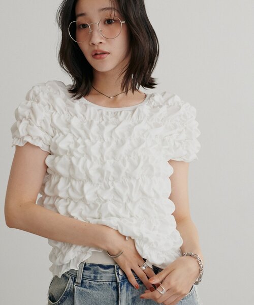 6 シャーリング 半袖 Tシャツ ホワイト シャーリング半袖Tシャツ（Tシャツ/カットソー）｜DISCOAT（ディス
