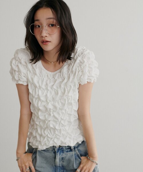 DISCOAT（ディスコート）の「シャーリング半袖Tシャツ（Tシャツ/カットソー・レディース・オフホワイト/ブラック/ピンク/ブラウン/ホワイト・FREE）」の18枚目の写真