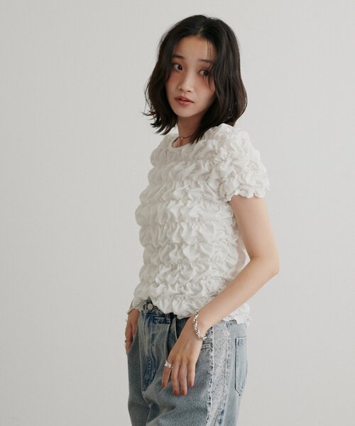 DISCOAT（ディスコート）の「シャーリング半袖Tシャツ（Tシャツ/カットソー・レディース・オフホワイト/ブラック/ピンク/ブラウン/ホワイト・FREE）」の19枚目の写真