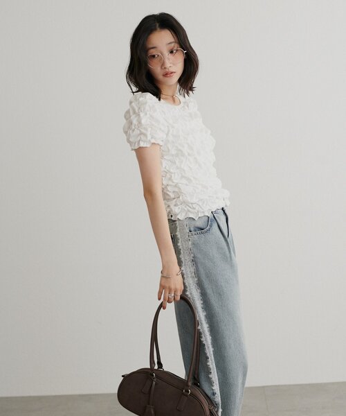 DISCOAT（ディスコート）の「シャーリング半袖Tシャツ（Tシャツ/カットソー・レディース・オフホワイト/ブラック/ピンク/ブラウン/ホワイト・FREE）」の21枚目の写真
