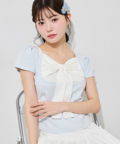 one after another NICE CLAUP(ワンアフターアナザーナイスクラップ)の「フロントリボンドッキングトップス(Tシャツ/カットソー・レディース・ピンク/ドット/サックスブルー/ブラック・FREE)」の2枚目の写真