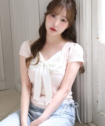 【新品タグ付き】Trio Ribbonカットソー  ピンク Tシャツ/カットソー（ピンク/桃色系・リボン）ファッション通販 - ZOZOTOWN