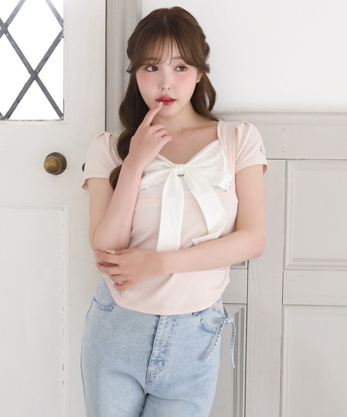 one after another NICE CLAUP(ワンアフターアナザーナイスクラップ)の「フロントリボンドッキングトップス(Tシャツ/カットソー・レディース・ピンク/ドット/サックスブルー/ブラック・FREE)」の5枚目の写真