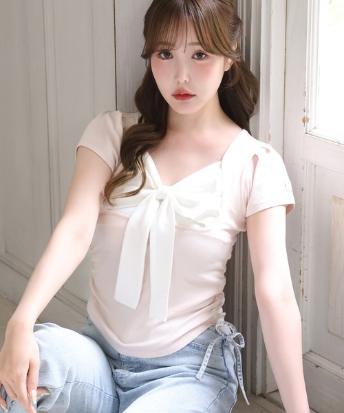 one after another NICE CLAUP(ワンアフターアナザーナイスクラップ)の「フロントリボンドッキングトップス(Tシャツ/カットソー・レディース・ピンク/ドット/サックスブルー/ブラック・FREE)」の6枚目の写真