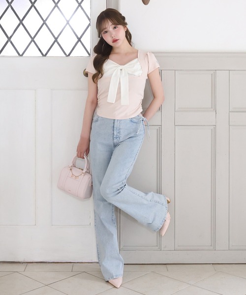 one after another NICE CLAUP(ワンアフターアナザーナイスクラップ)の「フロントリボンドッキングトップス(Tシャツ/カットソー・レディース・ピンク/ドット/サックスブルー/ブラック・FREE)」の7枚目の写真