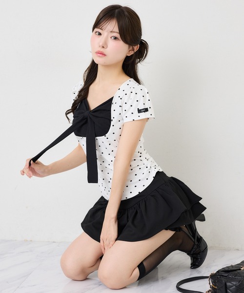 one after another NICE CLAUP(ワンアフターアナザーナイスクラップ)の「フロントリボンドッキングトップス(Tシャツ/カットソー・レディース・ピンク/ドット/サックスブルー/ブラック・FREE)」の15枚目の写真