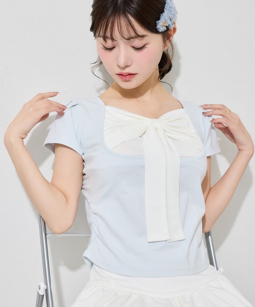 one after another NICE CLAUP(ワンアフターアナザーナイスクラップ)の「フロントリボンドッキングトップス(Tシャツ/カットソー・レディース・ピンク/ドット/サックスブルー/ブラック・FREE)」の19枚目の写真