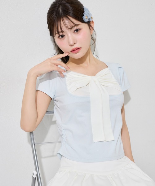 one after another NICE CLAUP(ワンアフターアナザーナイスクラップ)の「フロントリボンドッキングトップス(Tシャツ/カットソー・レディース・ピンク/ドット/サックスブルー/ブラック・FREE)」の20枚目の写真