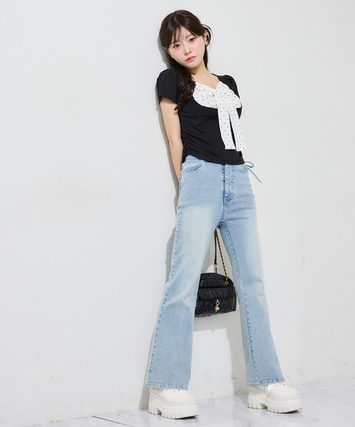 one after another NICE CLAUP(ワンアフターアナザーナイスクラップ)の「フロントリボンドッキングトップス(Tシャツ/カットソー・レディース・ピンク/ドット/サックスブルー/ブラック・FREE)」の9枚目の写真