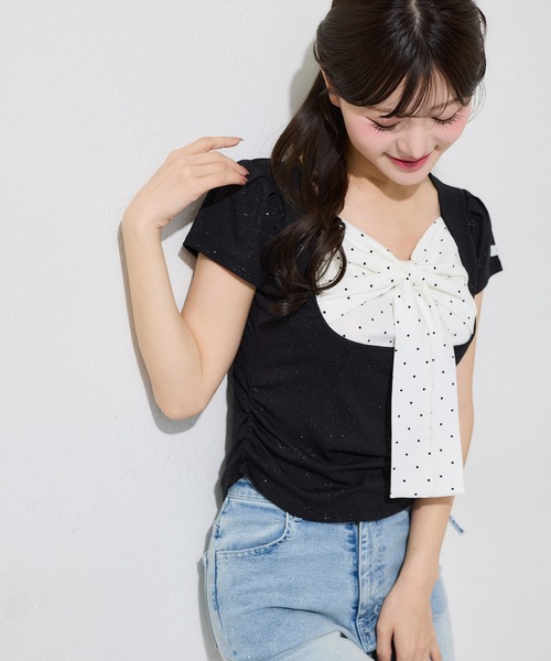 one after another NICE CLAUP(ワンアフターアナザーナイスクラップ)の「フロントリボンドッキングトップス(Tシャツ/カットソー・レディース・ピンク/ドット/サックスブルー/ブラック・FREE)」の10枚目の写真