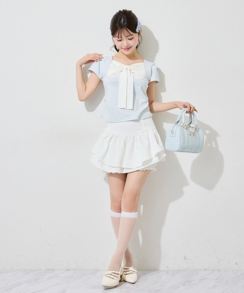 one after another NICE CLAUP(ワンアフターアナザーナイスクラップ)の「フロントリボンドッキングトップス(Tシャツ/カットソー・レディース・ピンク/ドット/サックスブルー/ブラック・FREE)」の18枚目の写真