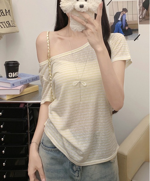 MAISON DE THERESE(メゾン ド テレーズ)の「5 色展開 ストライプ オフショルダー T シャツ ルーズ 着痩せ トップス(Tシャツ/カットソー・レディース・イエロー/ホワイト/ブラック/ブルー/グレー・M)」の5枚目の写真