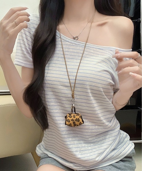 MAISON DE THERESE(メゾン ド テレーズ)の「5 色展開 ストライプ オフショルダー T シャツ ルーズ 着痩せ トップス(Tシャツ/カットソー・レディース・イエロー/ホワイト/ブラック/ブルー/グレー・M)」の14枚目の写真