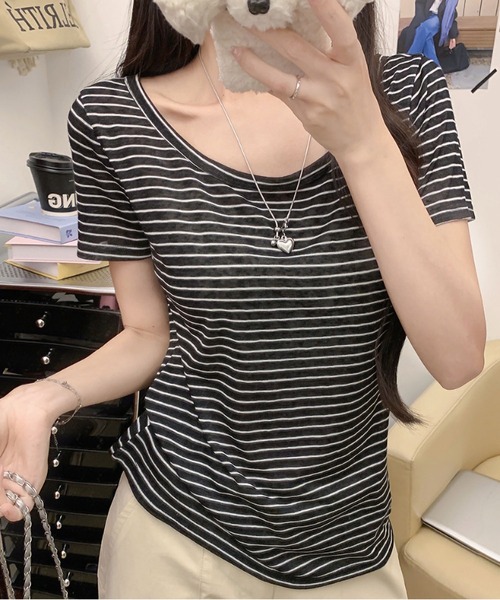 MAISON DE THERESE(メゾン ド テレーズ)の「5 色展開 ストライプ オフショルダー T シャツ ルーズ 着痩せ トップス(Tシャツ/カットソー・レディース・イエロー/ホワイト/ブラック/ブルー/グレー・M)」の19枚目の写真