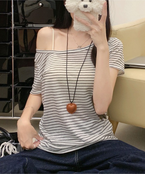 MAISON DE THERESE(メゾン ド テレーズ)の「5 色展開 ストライプ オフショルダー T シャツ ルーズ 着痩せ トップス(Tシャツ/カットソー・レディース・イエロー/ホワイト/ブラック/ブルー/グレー・M)」の17枚目の写真