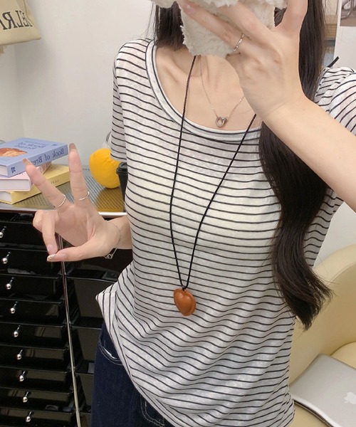 MAISON DE THERESE(メゾン ド テレーズ)の「5 色展開 ストライプ オフショルダー T シャツ ルーズ 着痩せ トップス(Tシャツ/カットソー・レディース・イエロー/ホワイト/ブラック/ブルー/グレー・M)」の18枚目の写真