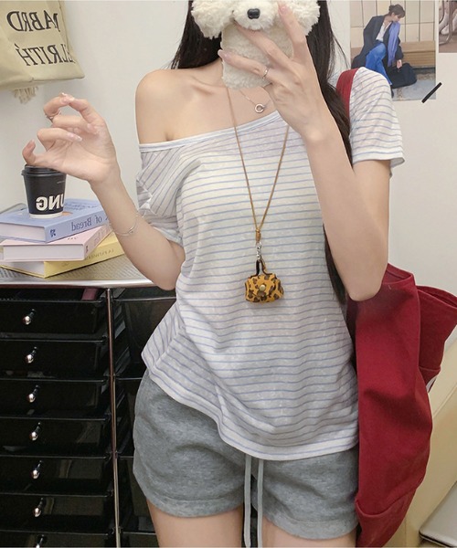 MAISON DE THERESE(メゾン ド テレーズ)の「5 色展開 ストライプ オフショルダー T シャツ ルーズ 着痩せ トップス(Tシャツ/カットソー・レディース・イエロー/ホワイト/ブラック/ブルー/グレー・M)」の15枚目の写真