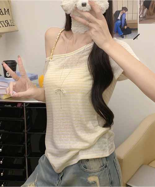 MAISON DE THERESE(メゾン ド テレーズ)の「5 色展開 ストライプ オフショルダー T シャツ ルーズ 着痩せ トップス(Tシャツ/カットソー・レディース・イエロー/ホワイト/ブラック/ブルー/グレー・M)」の12枚目の写真
