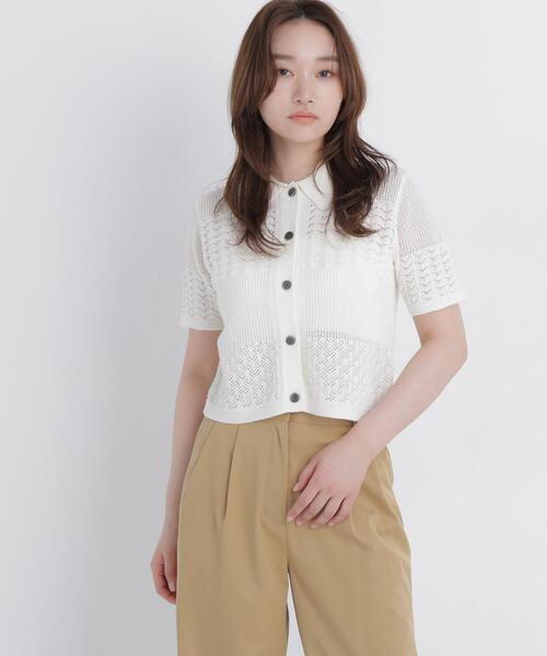 NATURAL BEAUTY BASIC(ナチュラルビューティーベーシック)の「ポロ襟メッシュカーディガン(カーディガン/ボレロ・レディース・ブルー系その他/オフホワイト/ブラック・フリ-)」の2枚目の写真
