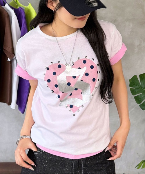 sedacle(セダクル)の「アソートハートスタッズTEE(Tシャツ/カットソー・レディース・ミント/カーキ/レッド/ネイビー/レオパード/ピンク・LARGE/MEDIUM/SMALL)」の4枚目の写真