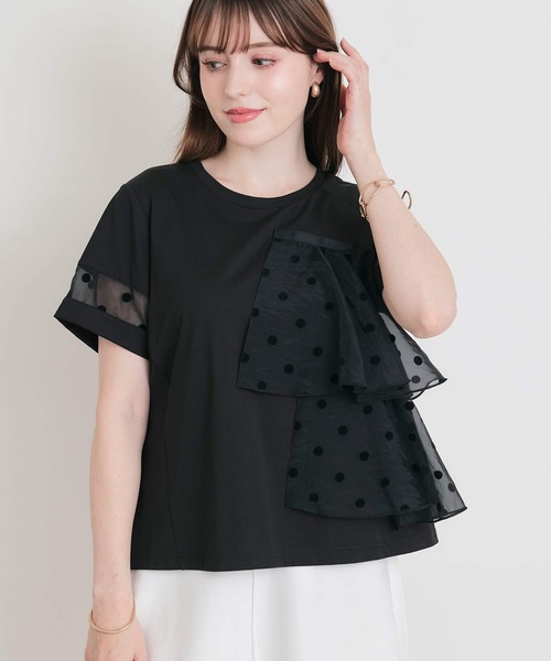 PICCIN PERLA(ピッチンペルラ)の「フロッキードットオーガンジーフリルプルオーバー(Tシャツ/カットソー・レディース・ブラック/オフホワイト・M)」の2枚目の写真