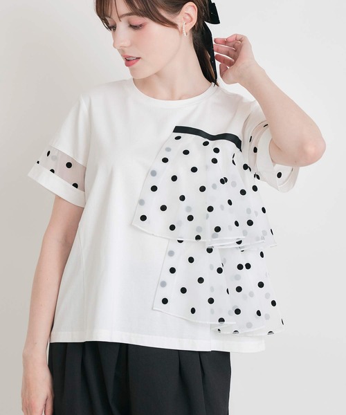 PICCIN PERLA(ピッチンペルラ)の「フロッキードットオーガンジーフリルプルオーバー(Tシャツ/カットソー・レディース・ブラック/オフホワイト・M)」の3枚目の写真