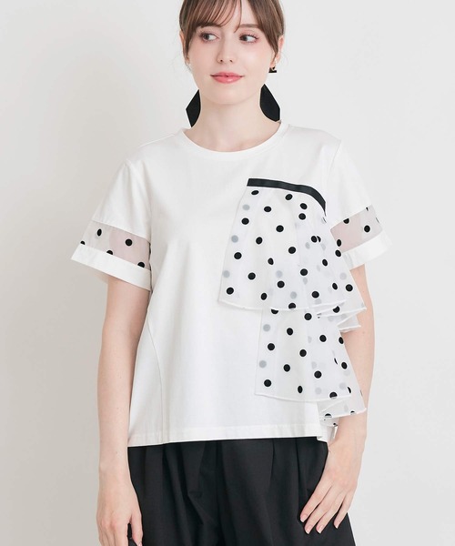 PICCIN PERLA(ピッチンペルラ)の「フロッキードットオーガンジーフリルプルオーバー(Tシャツ/カットソー・レディース・ブラック/オフホワイト・M)」の5枚目の写真