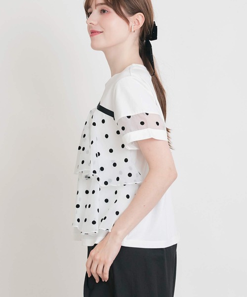 PICCIN PERLA(ピッチンペルラ)の「フロッキードットオーガンジーフリルプルオーバー(Tシャツ/カットソー・レディース・ブラック/オフホワイト・M)」の6枚目の写真