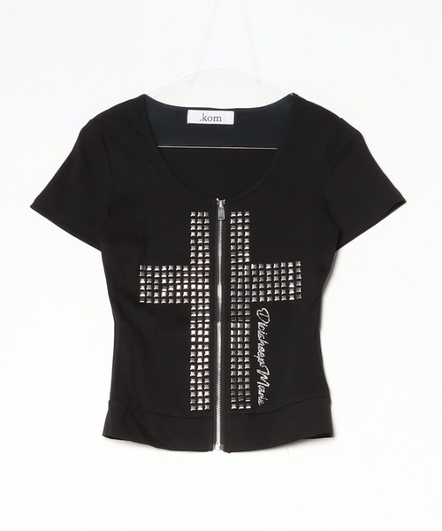 .KOM(ドットコム)の「A'GEM/9 × .kom 『.KOM/ドットケーオーエム』 クロススタッズジップ半袖Tシャツ(Tシャツ/カットソー・レディース・ブラック/ホワイト・FREE)」の6枚目の写真