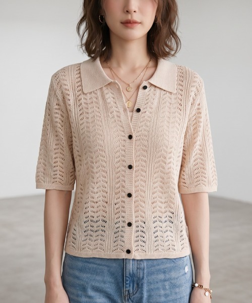 GIVERNY(ジヴェルニー)の「透かし編みポロニットシャツ / レトロ可愛い透かし編みポロニットシャツ(カーディガン/ボレロ・レディース・ベージュ/ブラック/ブラウン・FREE)」の3枚目の写真