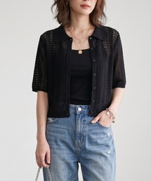 透かし編みポロニットシャツ / レトロ可愛い透かし編みポロニットシャツ