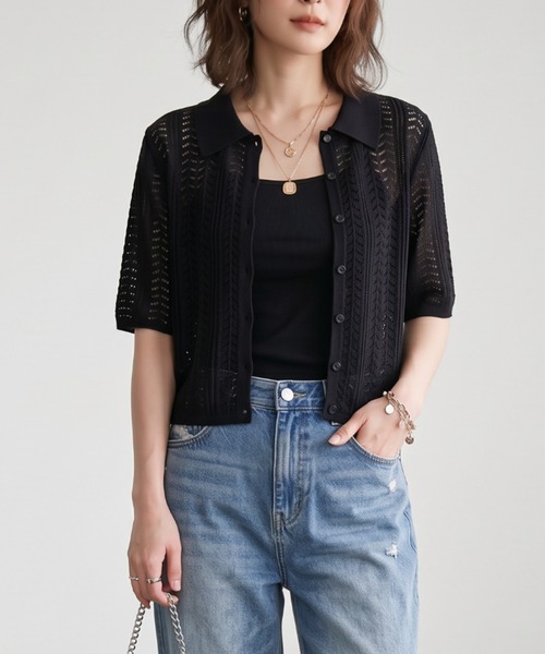 GIVERNY(ジヴェルニー)の「透かし編みポロニットシャツ / レトロ可愛い透かし編みポロニットシャツ(カーディガン/ボレロ・レディース・ベージュ/ブラック/ブラウン・FREE)」の1枚目の写真