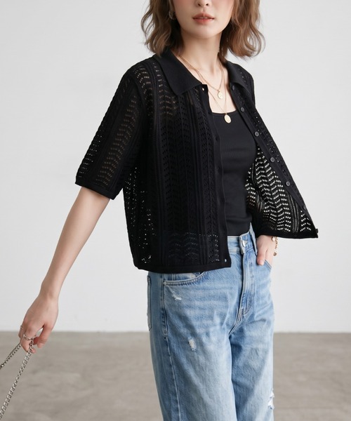 GIVERNY(ジヴェルニー)の「透かし編みポロニットシャツ / レトロ可愛い透かし編みポロニットシャツ(カーディガン/ボレロ・レディース・ベージュ/ブラック/ブラウン・FREE)」の12枚目の写真