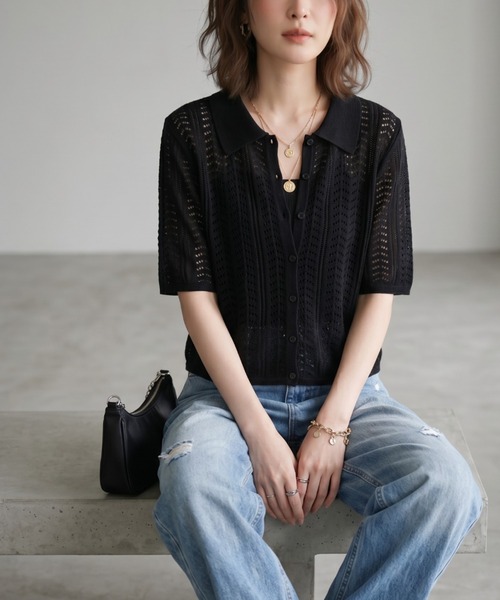 GIVERNY(ジヴェルニー)の「透かし編みポロニットシャツ / レトロ可愛い透かし編みポロニットシャツ(カーディガン/ボレロ・レディース・ベージュ/ブラック/ブラウン・FREE)」の14枚目の写真