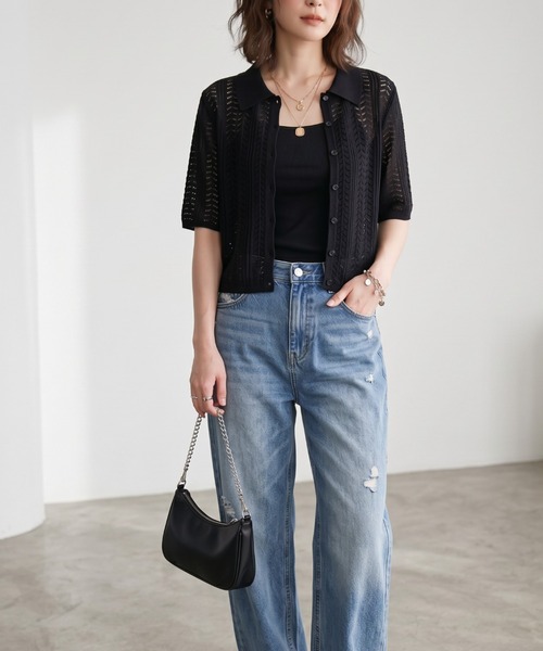 GIVERNY(ジヴェルニー)の「透かし編みポロニットシャツ / レトロ可愛い透かし編みポロニットシャツ(カーディガン/ボレロ・レディース・ベージュ/ブラック/ブラウン・FREE)」の15枚目の写真