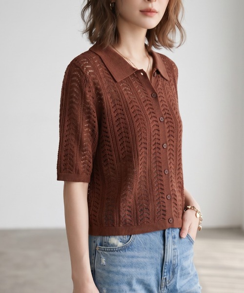 GIVERNY(ジヴェルニー)の「透かし編みポロニットシャツ / レトロ可愛い透かし編みポロニットシャツ(カーディガン/ボレロ・レディース・ベージュ/ブラック/ブラウン・FREE)」の16枚目の写真