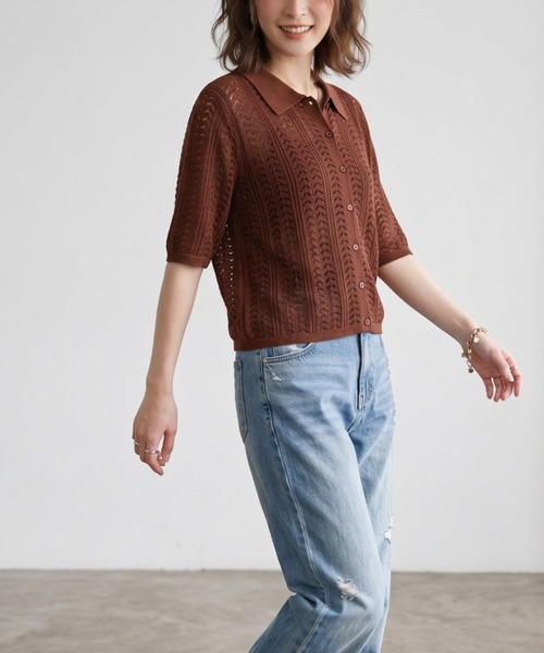 GIVERNY(ジヴェルニー)の「透かし編みポロニットシャツ / レトロ可愛い透かし編みポロニットシャツ(カーディガン/ボレロ・レディース・ベージュ/ブラック/ブラウン・FREE)」の19枚目の写真