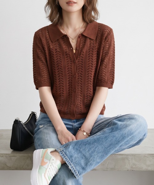 GIVERNY(ジヴェルニー)の「透かし編みポロニットシャツ / レトロ可愛い透かし編みポロニットシャツ(カーディガン/ボレロ・レディース・ベージュ/ブラック/ブラウン・FREE)」の20枚目の写真