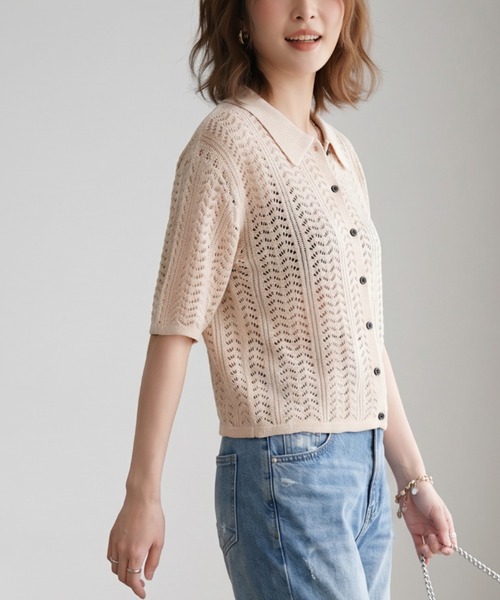 GIVERNY(ジヴェルニー)の「透かし編みポロニットシャツ / レトロ可愛い透かし編みポロニットシャツ(カーディガン/ボレロ・レディース・ベージュ/ブラック/ブラウン・FREE)」の5枚目の写真