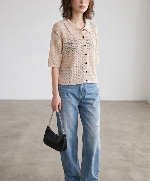 GIVERNY(ジヴェルニー)の「透かし編みポロニットシャツ / レトロ可愛い透かし編みポロニットシャツ(カーディガン/ボレロ・レディース・ベージュ/ブラック/ブラウン・FREE)」の9枚目の写真