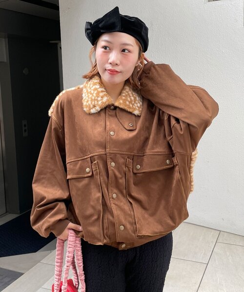 HELLO.SANFRANCISCO（ハローサンフランシスコ）の「【HELLO.SANFRANCISCO/ハローサンフランシスコ】バンビ柄ビックポケットスウェードアウター（ブルゾン・レディース・ブラウン/ピンク・ONE SIZE）」の5枚目の写真