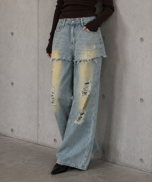 center i(センターアイ)の「スカートレイヤード ダメージワイドデニムパンツ(デニムパンツ・レディース・ブルー・M/S)」の1枚目の写真