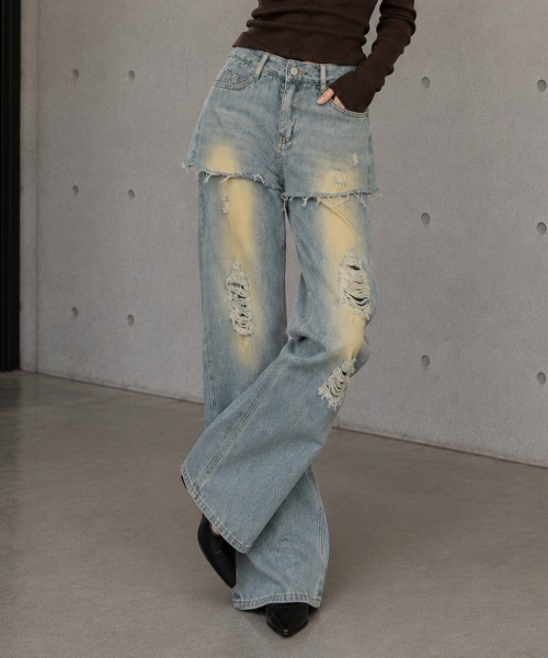center i(センターアイ)の「スカートレイヤード ダメージワイドデニムパンツ(デニムパンツ・レディース・ブルー・M/S)」の3枚目の写真