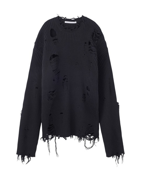 JOHN LAWRENCE SULLIVAN(ジョンローレンスサリバン)の「DAMAGED RIB KNIT SWEATER(ニット/セーター・メンズ・ブラック・MEDIUM/SMALL)」の1枚目の写真