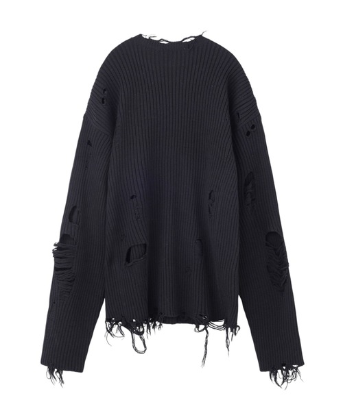 JOHN LAWRENCE SULLIVAN(ジョンローレンスサリバン)の「DAMAGED RIB KNIT SWEATER(ニット/セーター・メンズ・ブラック・MEDIUM/SMALL)」の2枚目の写真